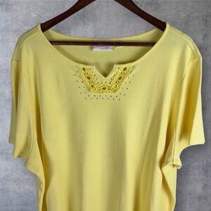 Quacker Factory Knit Tee Tunic Top Size 2X Sparkle Crochet‎ V Neck Butter Yellow
